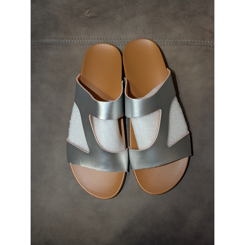 Womens Metallic Silver H-Strap Slide Sandals Flat Comfort‎ Slip On Shoes Size 40